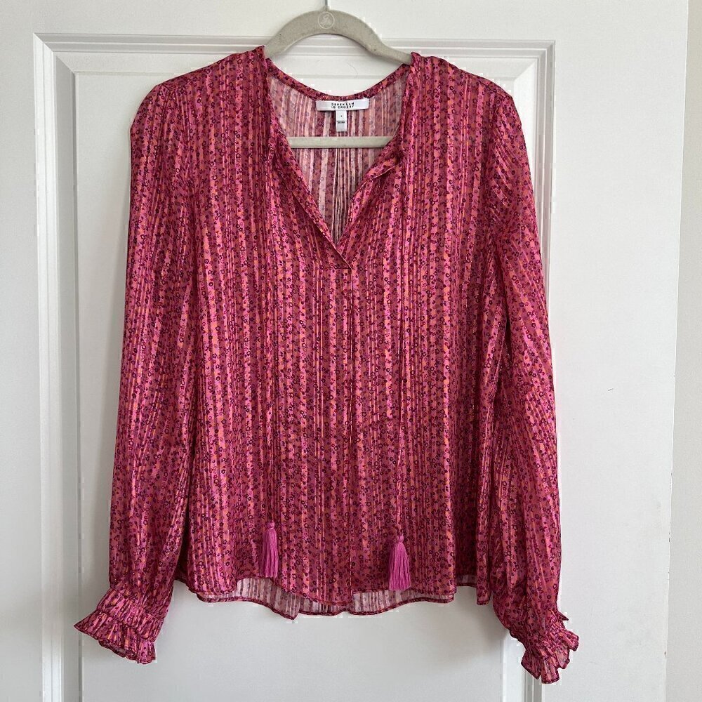 Derek Lamb 10 Crosby Women's Pink Floral Lurex Smocked Cuff Blouse Size - 4
